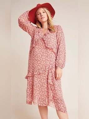 Anthropologie Maeve Sirena Floral V-Neck Tiered Ruffle Tunic Midi Dress - Pink